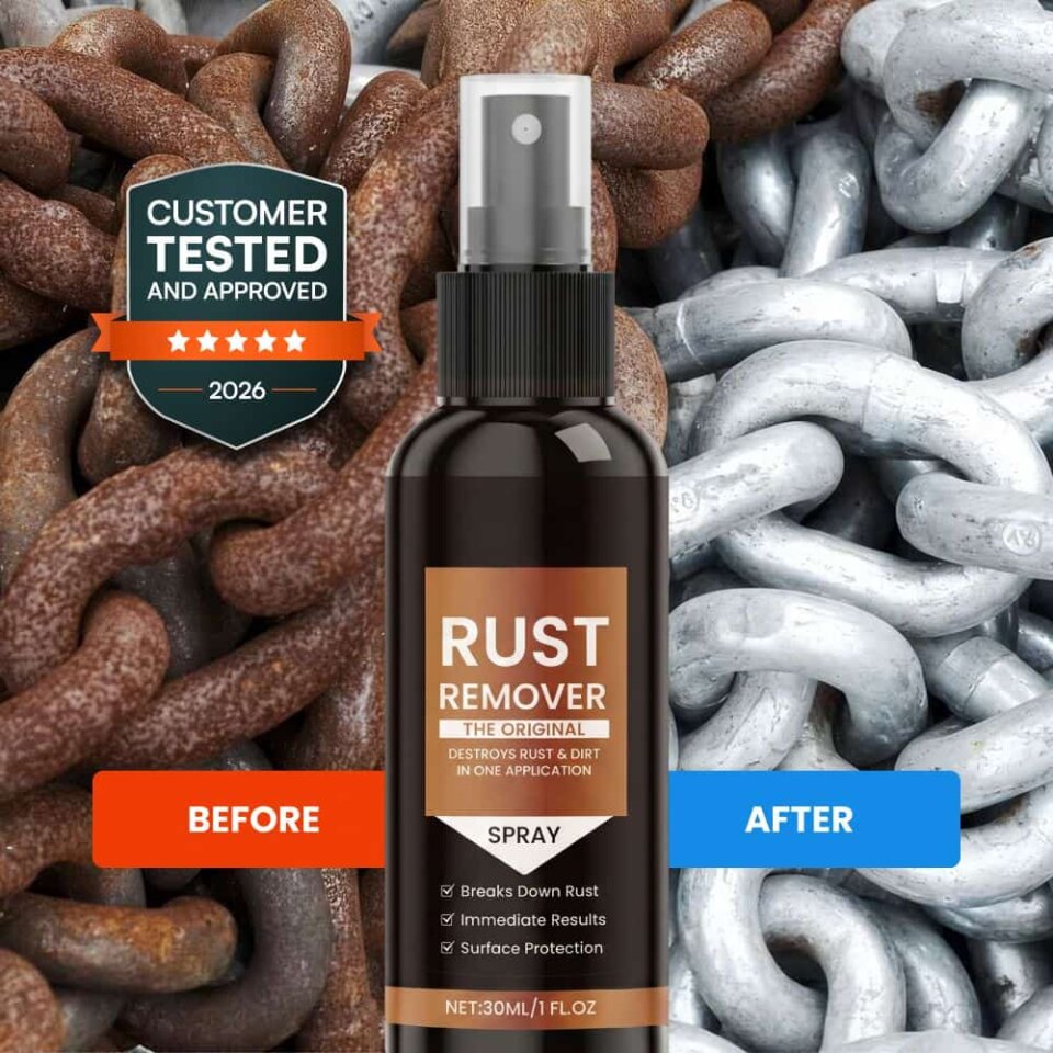 RustiFix rust remover bottle beside a before-and-after metal comparison