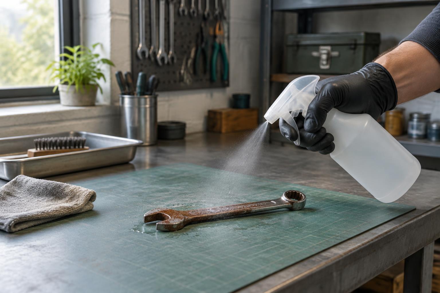 Careful spray application on a rusted hand tool in a ventilated workshop